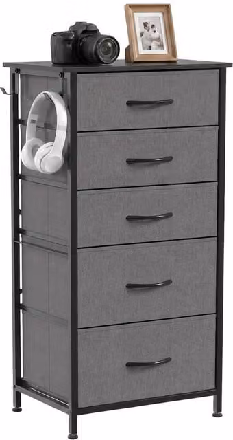 HOMCOM 5 Drawer Fabric Chest of Drawers in Charcoal Grey – 1