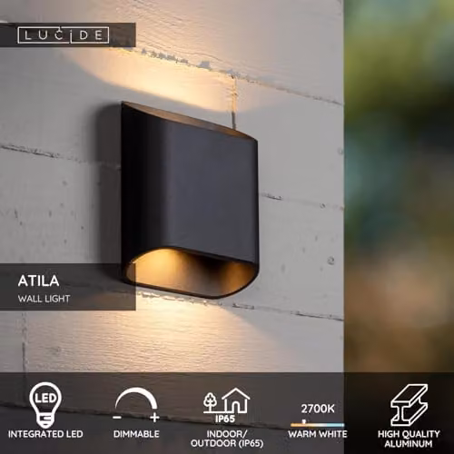 Lucide Atila Black Aluminium LED Dimmable Up and Down Wall Light for Indoor and Outdoor Use, IP65, Warm White 2700K – 2