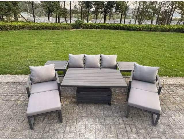 Fimous 8-Piece Powder Coated Aluminium Garden Sofa Set with Height Adjustable Lifting Table, 2 Chairs and 2 Large Stools in Matt Dark Grey – 1