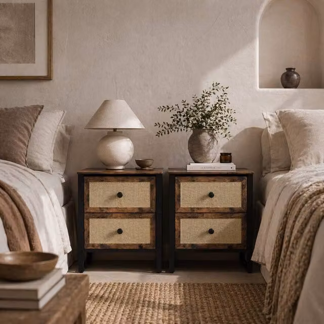 Wyld Haus Lamilu Vesa Set of 2 Industrial Bedside Tables in Rustic Brown with 2 Drawers