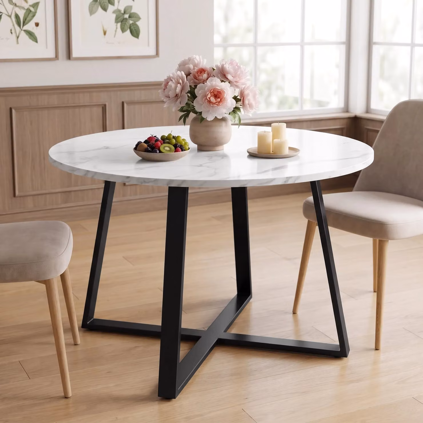 Round White Marble Effect Dining Table with Black Metal X-Frame Legs, Diameter: 110 cm, Height: 75 cm