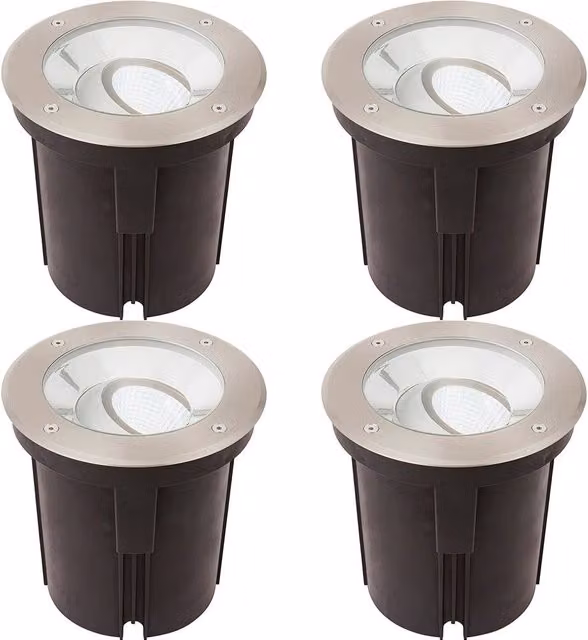 Loops 4 Pack Stainless Steel IP67 Ground Recessed LED Garden Lights in Silver with 16.5W Cool White Tilting Heads