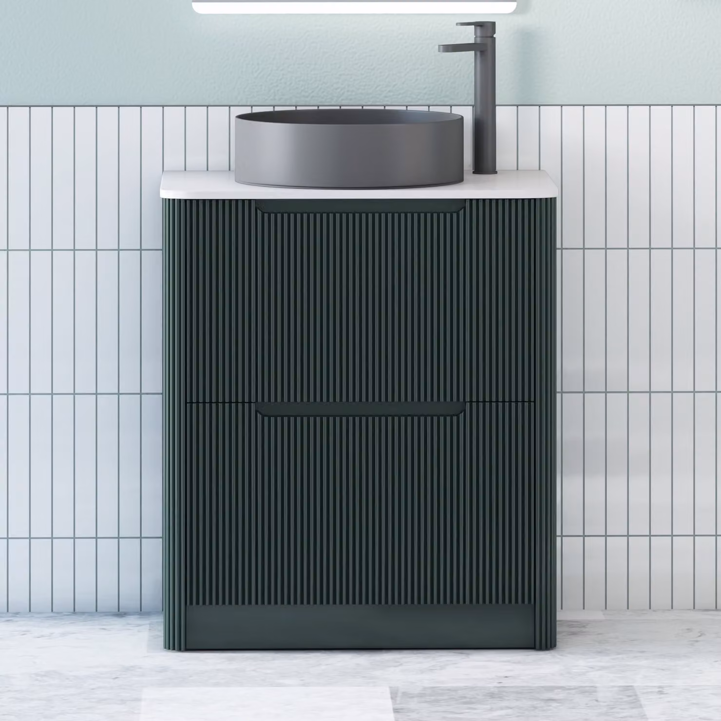 Royal Bathrooms Avenza Floor Standing Vanity Unit in Moss Green with 2 Drawers, Plain White Worktop and Black Art Round Basin, Depth: 80 cm