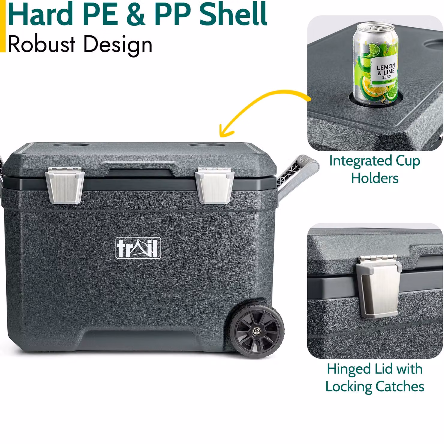 Trail Outdoor Leisure Wheeled Insulated Hard Cooler Box, 45L, Grey – 4