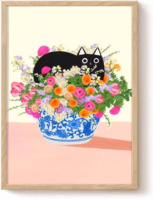 The Paper Tail Flower Bed Black Cat Floral Art Print, Multicolour, A3 – 1