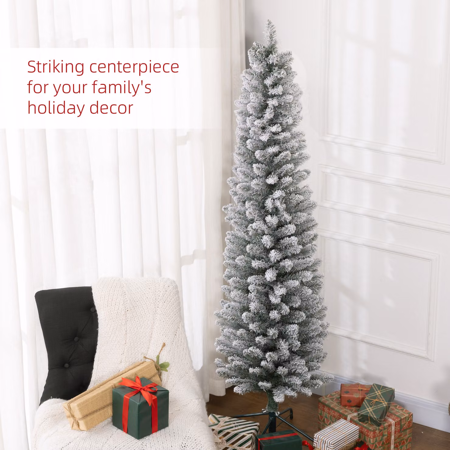 HOMCOM 6ft Snow Flocked Artificial Pencil Christmas Tree with Metal Base and 329 Tips in White – 4