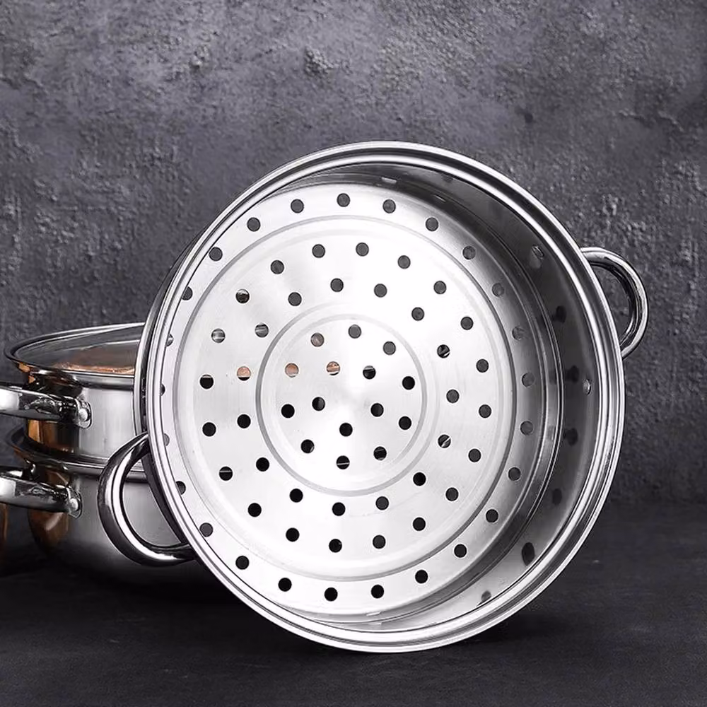 VOGREX 3-Tier Stainless Steel Steamer Pan with Glass Lid, Silver, 28 cm – 5