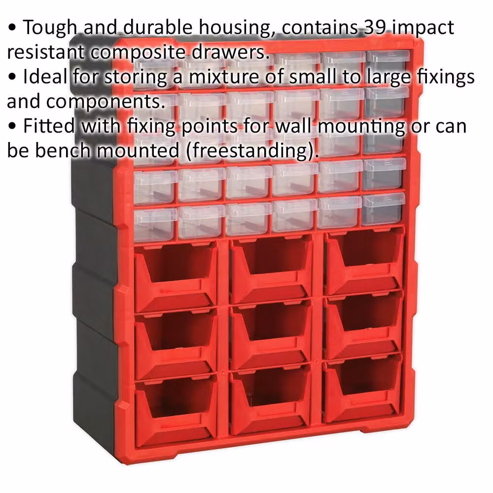 Loops 39 Drawer Parts Cabinet, Red, Wall Mounted or Standing, W: 37.5 cm, D: 16.5 cm, H: 47 cm – 2