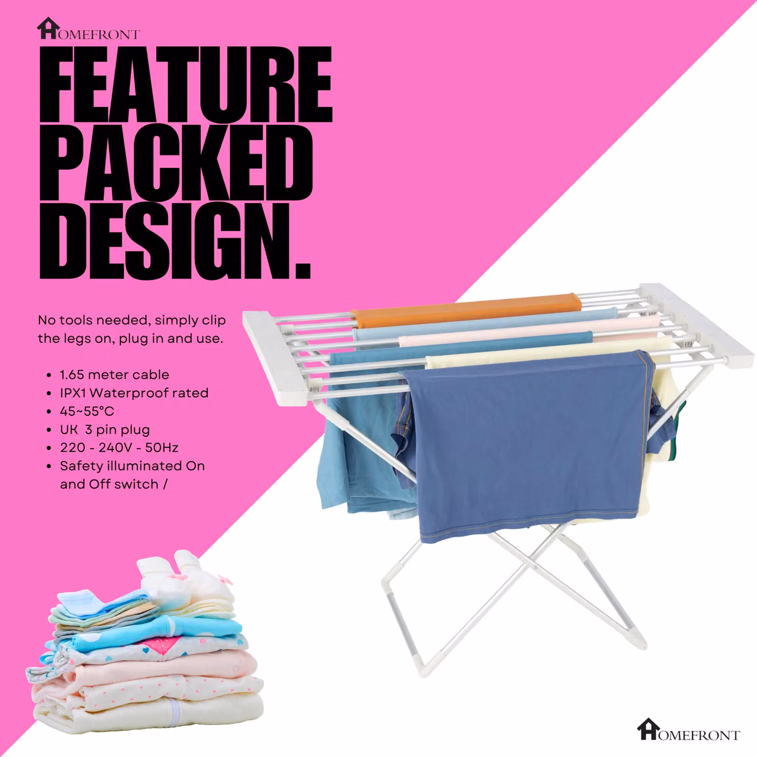 Homefront Electric Heated Indoor Clothes Airer Dryer, Foldable Metal Rack, 130W, Off-White – 2