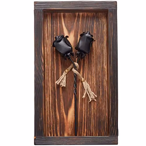 Novecrafto Black Forged Iron Roses in a Brown Burnt Wood Frame, Rectangular Wall Decor – 1