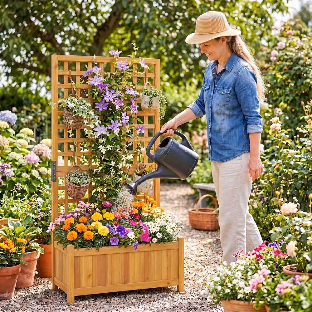 VOGREX Wooden Raised Planter with Trellis and Drainage in Brown, W: 143 cm, H: 76 cm, D: 32 cm – 5