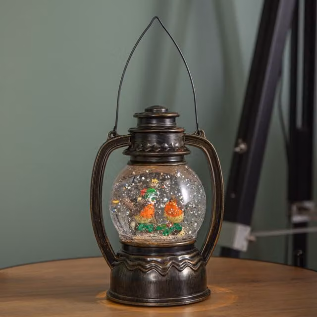 Samuel Alexander Antique Brown Christmas Water Spinner Lantern with Robin Scene and LED Light, 31 cm