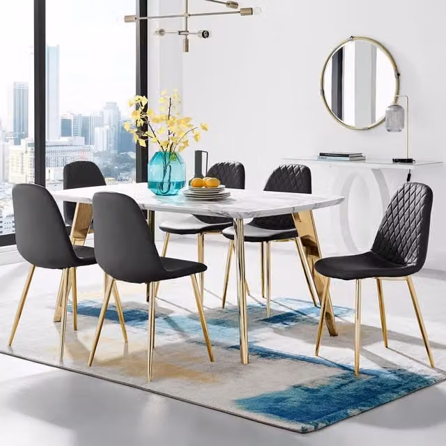 FurnitureboxUK Andria Black Marble Effect Oval Dining Table with 6 Corona Gold Leg Chairs