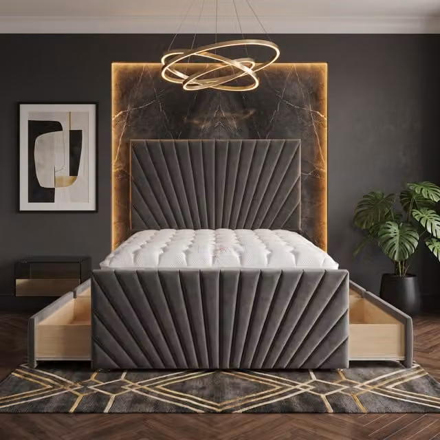 Somnior Beds Ltd Sunrise Velvet Divan Bed with Hybrid Mattress and Drawers, Grey, W/D/H: 140 x 200 x 115 cm