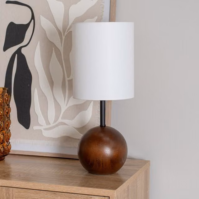 Brandon Dark Wood Ball Table Lamp with White Linen Lampshade and LED Bulb
