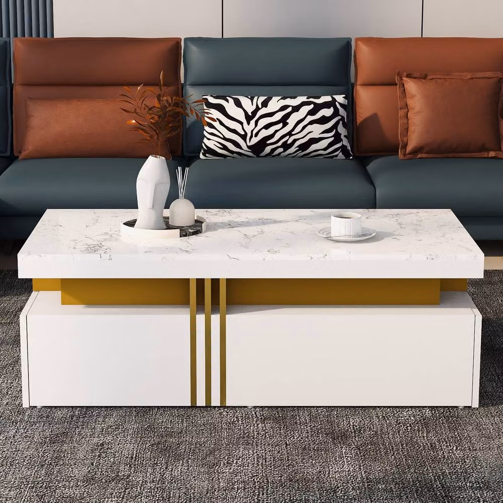 BTM Modern Rectangular Table with Marble Top and Wood Drawers in White, W/D/H: 50 x 40 x 30 cm – 2