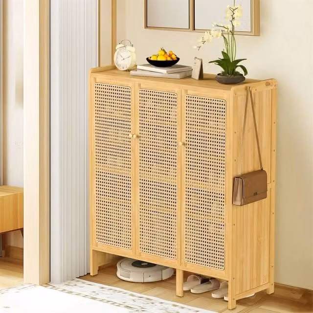 FORGEVIO Bamboo Shoe Cabinet in Sand Beige with Rattan Hinged Doors and Internal Shelves – 1