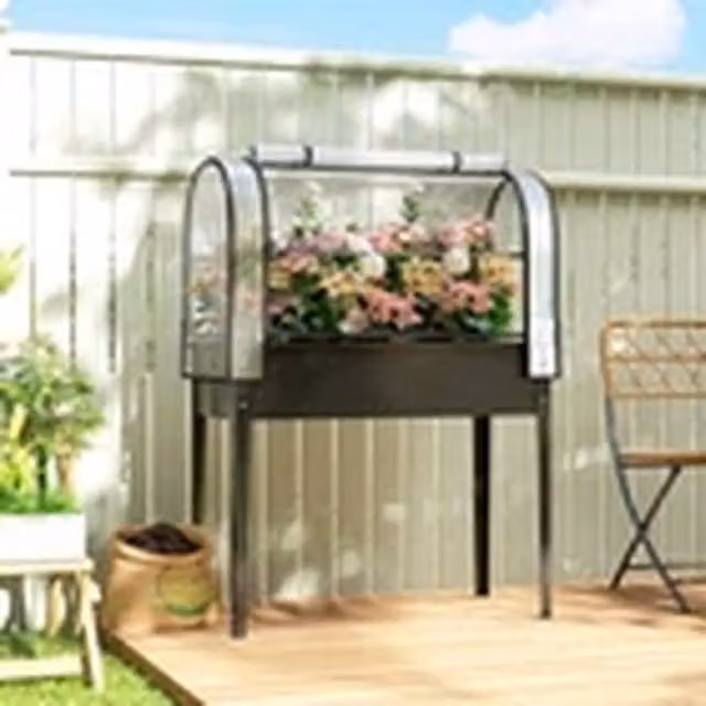 EONLION Metal Raised Garden Bed with Flip-Up Greenhouse Planter, Black, W/D/H: 130 x 100 x 48 cm – 1