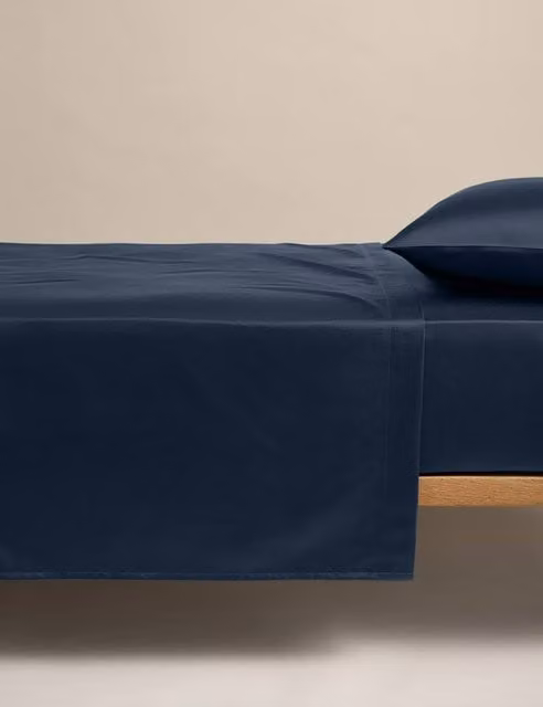 M&S Egyptian Cotton 400 Thread Count Mako Satin Silky Flat Sheet, Navy Blue, W: 200 cm x L: 200 cm