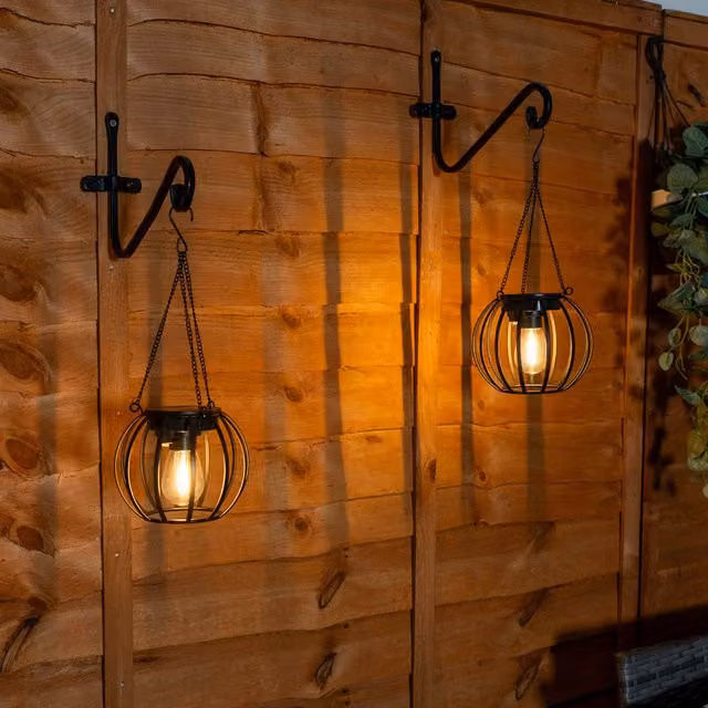 ValueLights 2 Pack Solar Powered Metal Ball Lanterns in Black with Warm White Light