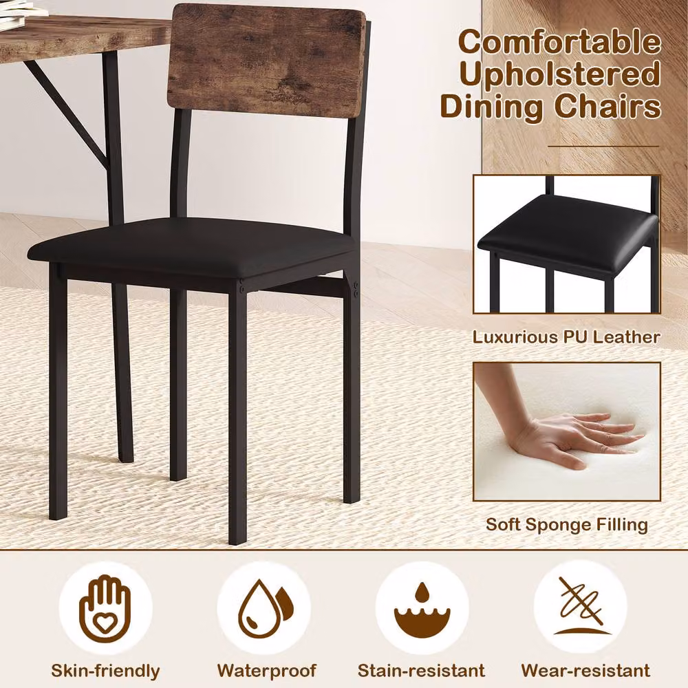 Costway Industrial 5-Piece Dining Set with Rectangular Table and 4 Upholstered Chairs in Brown – 8