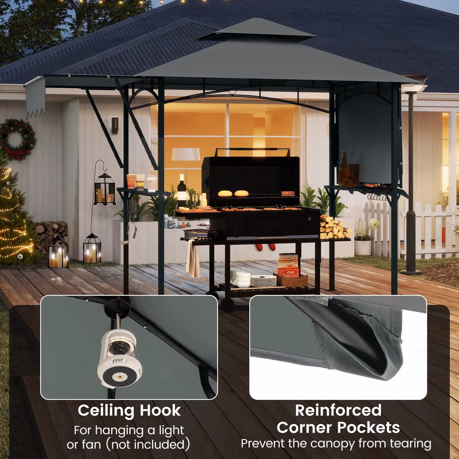 Costway Grill Gazebo with Dual Side Awnings in Grey, W: 398 cm, D: 256 cm, H: 153 cm – 10