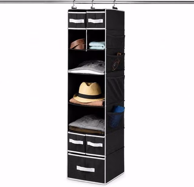 Simpa 9-Shelf Hanging Wardrobe Storage Organiser with Drawers, Black
