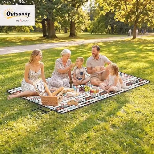 Outsunny Multicolour Ethnic Graphic Picnic Blanket with Integrated Strap, W: 300 cm, D: 200 cm – 2