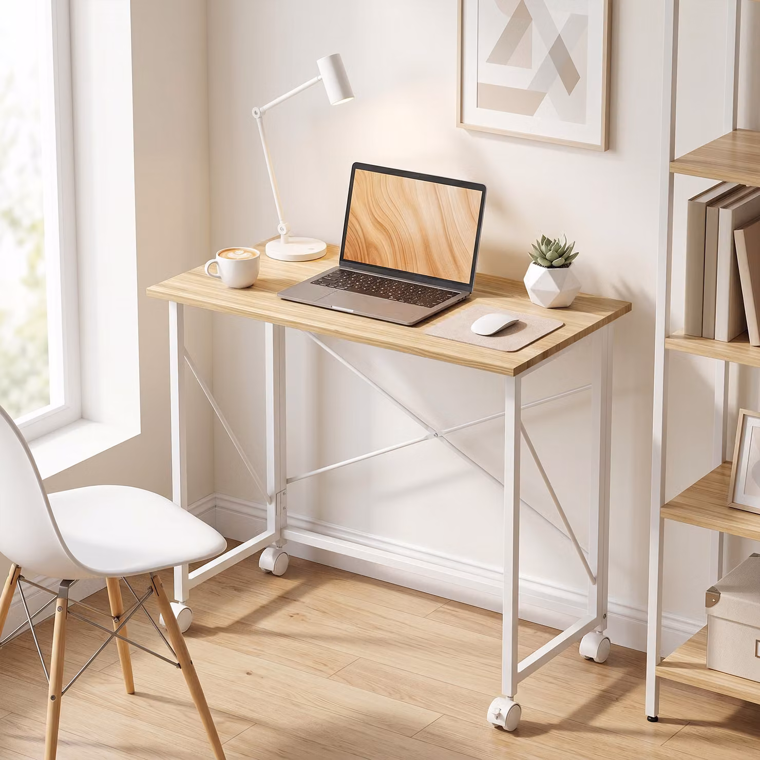 HOMCOM Folding Computer Desk with Castors in Beige and White – 2