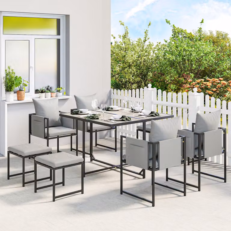 Outsunny Nine-Piece Modern Garden Dining Set with Powder Coated Steel Frame and Plastic Details in Grey