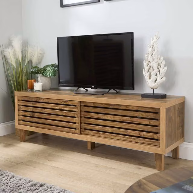 Home Source Luna 2 Door Sliding TV Media Stand Storage Unit in Brown Mango Wood
