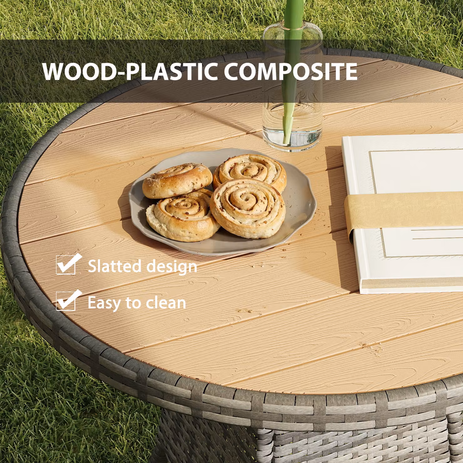 Outsunny Round Rattan Garden Table in Brown with Wood-Effect Finish – 4