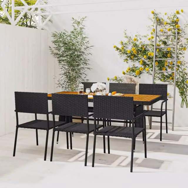 Berkfield Home 7 Piece Black Poly Rattan Outdoor Dining Set with Acacia Wood Table – 1