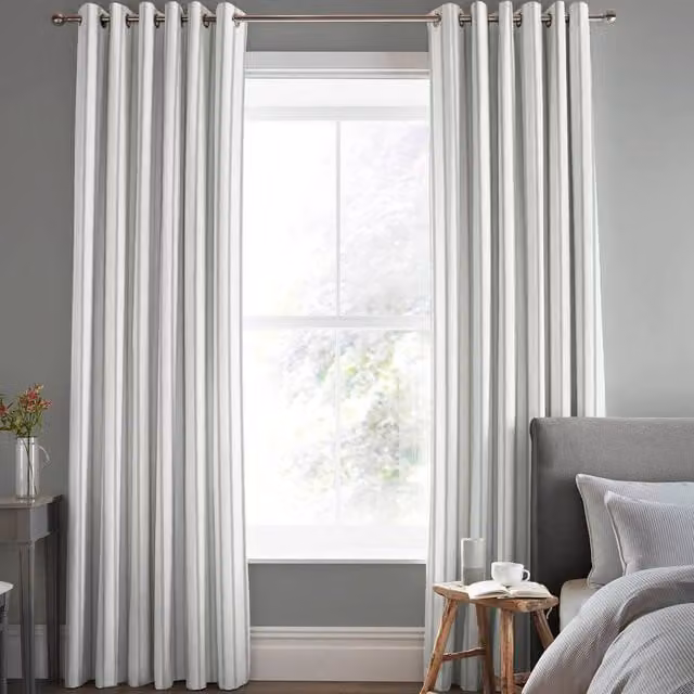 Laura Ashley Farnworth Made To Measure Blackout Eyelet Curtains in Steel Grey and White Striped Fabric