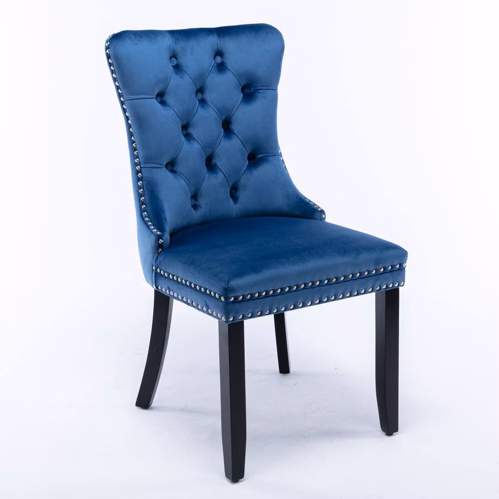 Modern Home Touch Romsey Set of 4 Blue Velvet Upholstered Dining Chairs with Oak Legs and Knocker Ring Back – 3