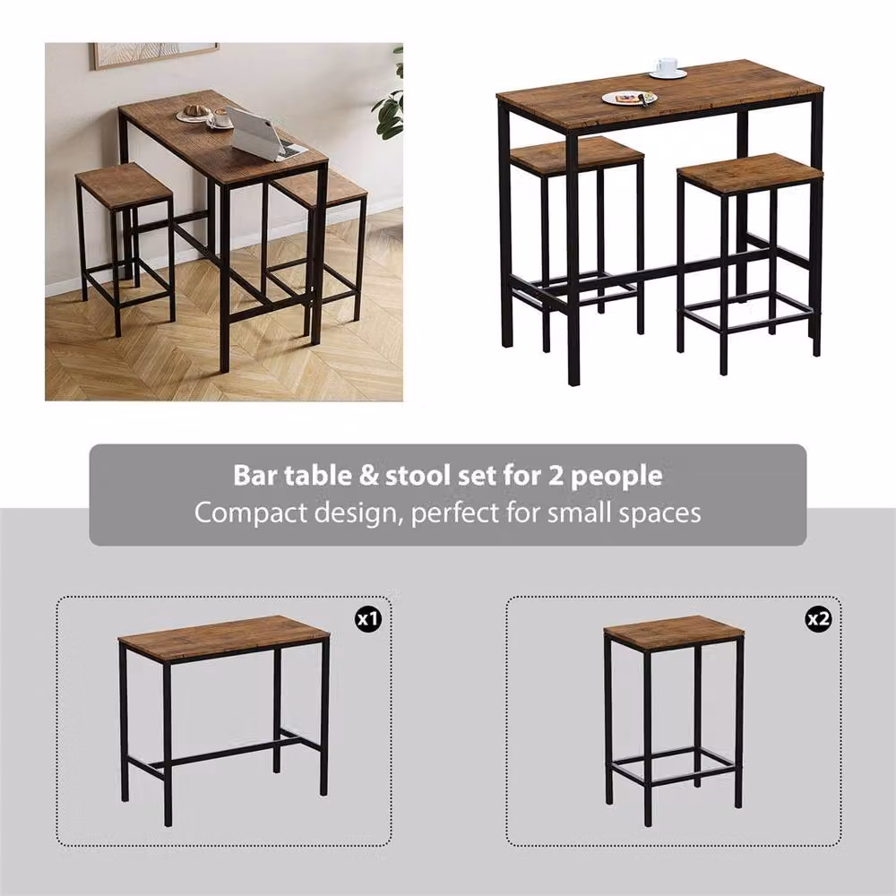 PAWNORA Modern Wooden Bar Table and Stool Set in Brown – 4