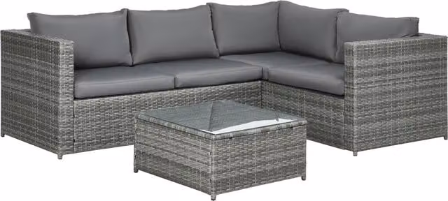Outsunny 3 Piece Grey Polyrattan Garden Furniture Set with L-Shape Corner Sofa, 2 Seater Sofa, and Coffee Table – 1