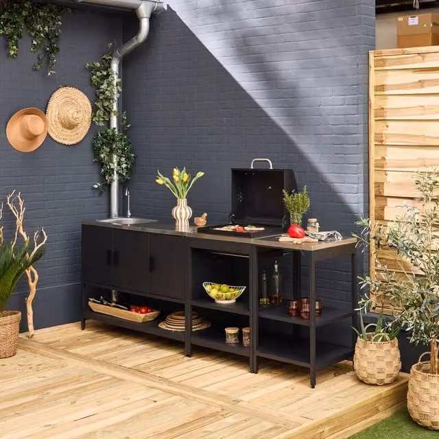 sweeek Outdoor Kitchen with Charcoal Barbecue and 3 Modules including Sink in Black and Stainless Steel