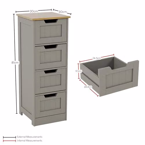 Bath Vida Priano Modern Slim Freestanding 4 Drawer Bathroom Floor Cabinet, Grey & Oak, W/D/H: 30 x 30 x 81 cm – 2