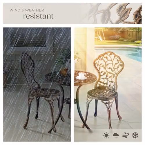 tectake Lyon 3-Piece Bistro Set for 2 People, Antique Bronze Powder Coated Aluminium Garden Table and Chairs with Floral Pattern for Balcony and Terrace – 6