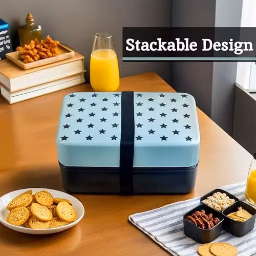 Premier Housewares Compact Light Blue Star Lunch Box with Cutlery, Compartments and Clip Closure – 6