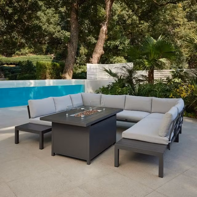 Del Fiore Luxury Grey U-Shape Garden Furniture Set with Fire Pit Table and Weather Cover