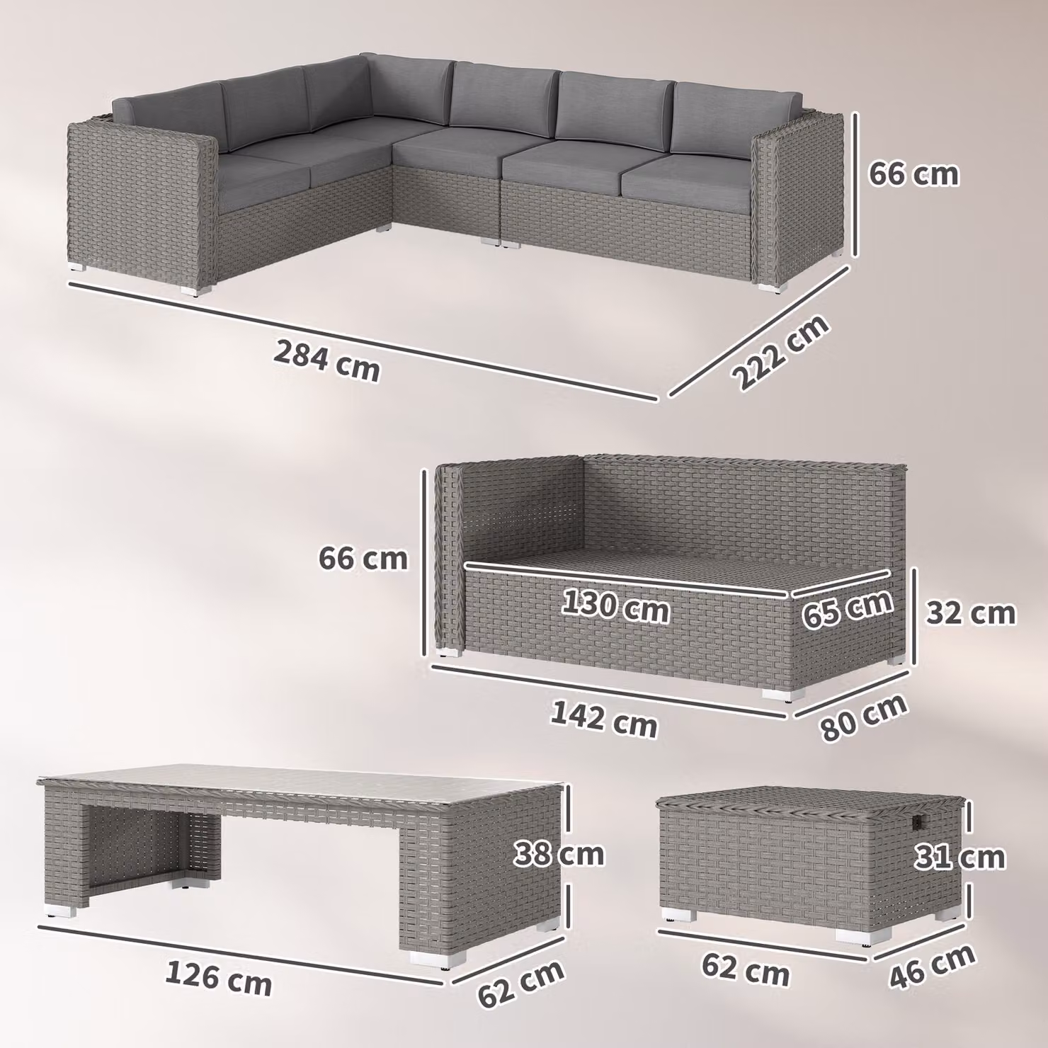 Outsunny 8-Seater Grey PE Rattan L-Shape Garden Corner Sofa Set with Coffee Table and Matching Ottoman – 3