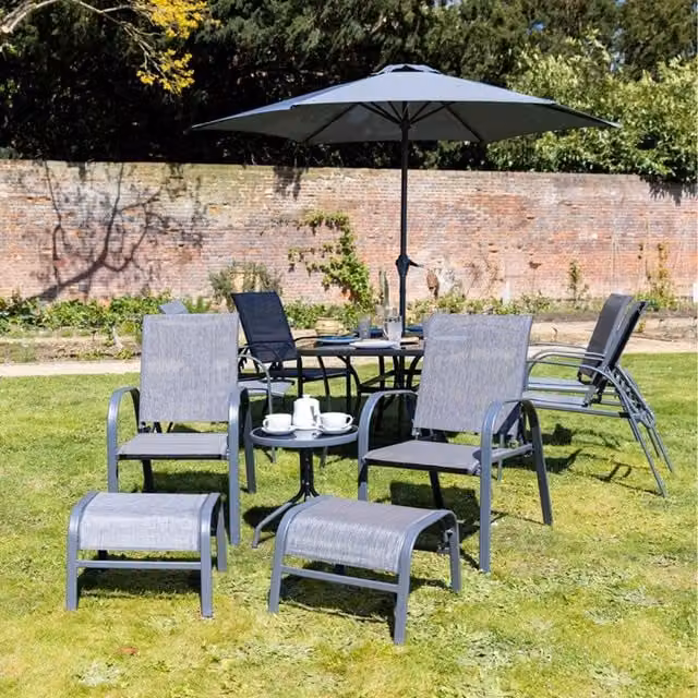Primrose 6 Seater Grey Reclining Glass Table Garden Leisure Set with Parasol