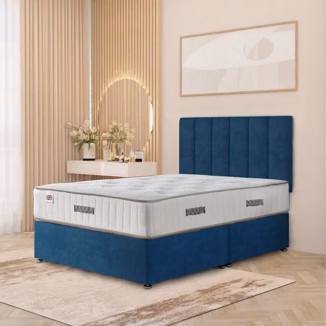 Somnior Beds Ltd Austin Plush Velvet Orthopaedic Divan Bed Set with Hybrid Mattress, Headboard and Drawers, Blue, W: 180 cm, D: 200 cm