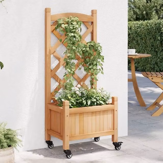 Berkfield Home Brown Solid Wood Fir Planter with Trellis and Wheels