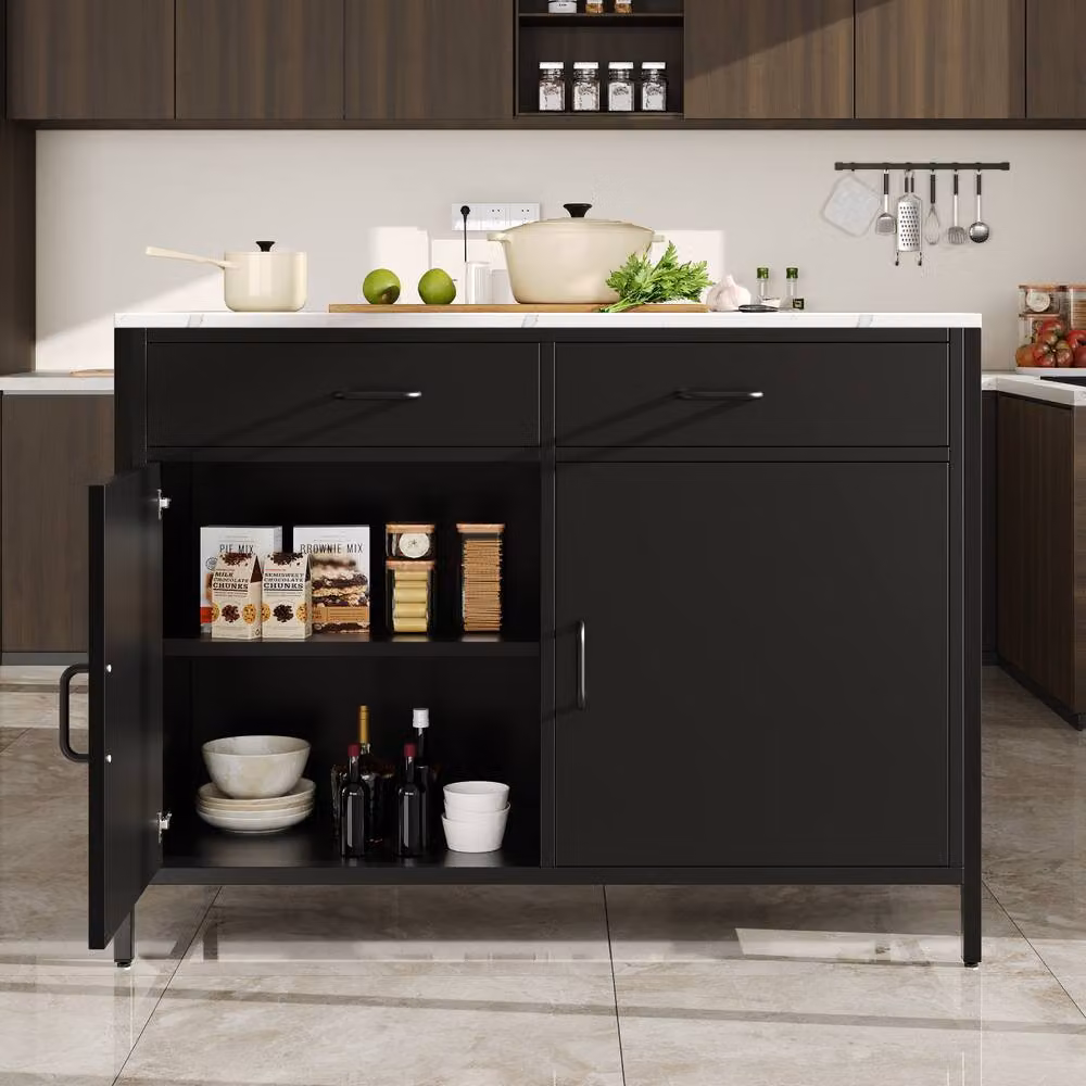 Rolipo Modern Black Kitchen Island Bar Table with Marble Effect Top – 3
