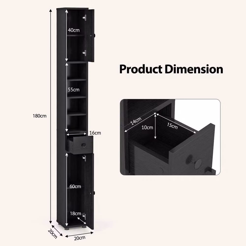 NESTLUNE Slim Freestanding Bathroom Tall Cabinet in Black, H 100 cm x W 15 cm – 2