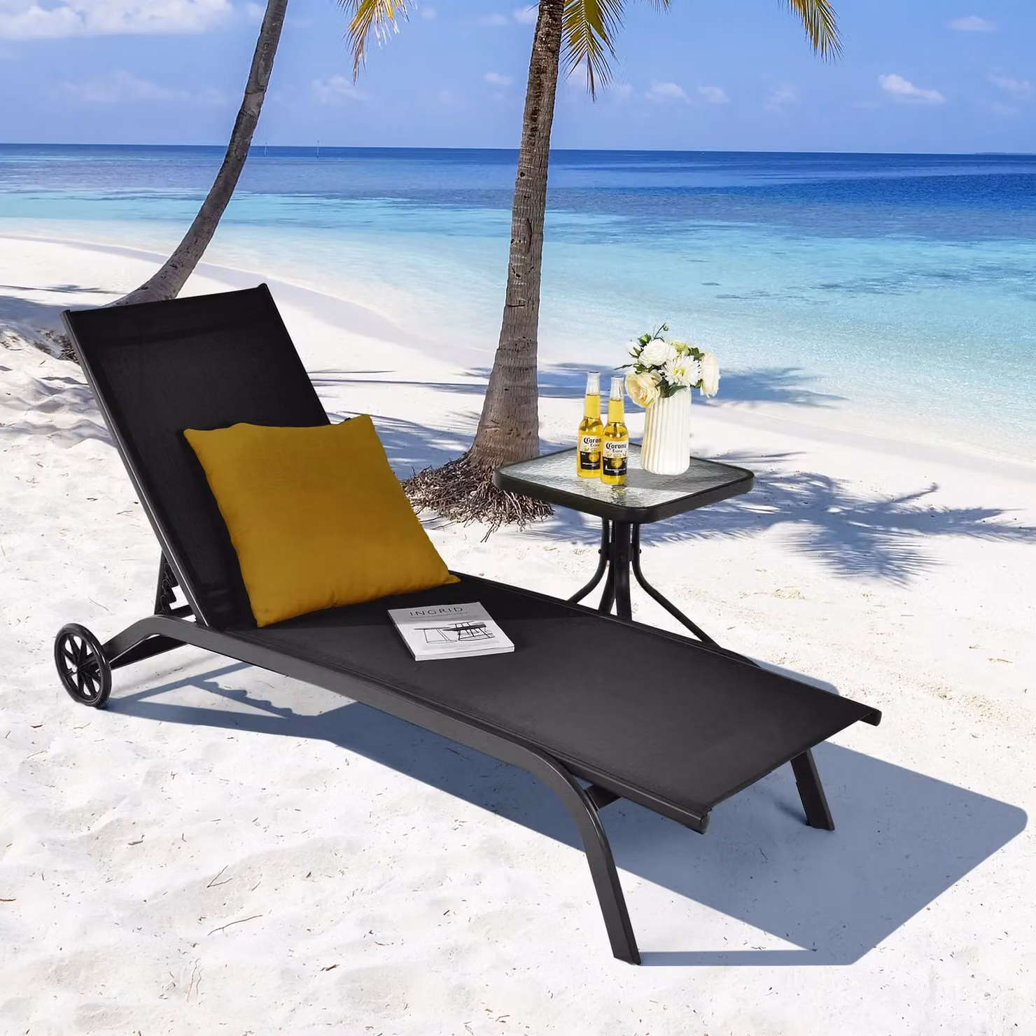 Costway Black Textilene Sun Lounger with 6-Level Adjustable Headrest and Castors – 3