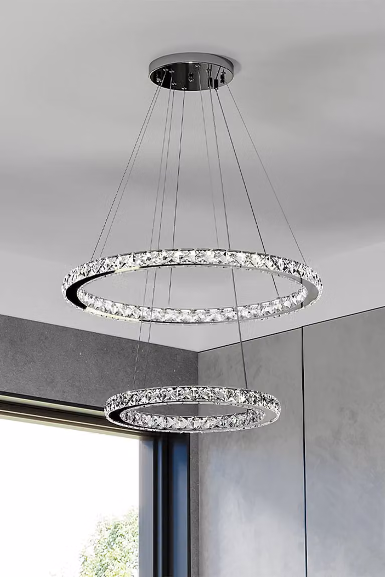 Living and Home Modern 2-Tier Adjustable Crystal LED Pendant Light, Chrome and Transparent, W/D/H: 40 x 40 x 60 cm